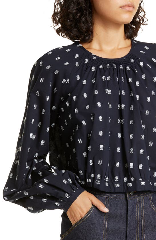 Shop Cinq À Sept Embroidered Balloon Sleeve Cotton Top In Navy/ White