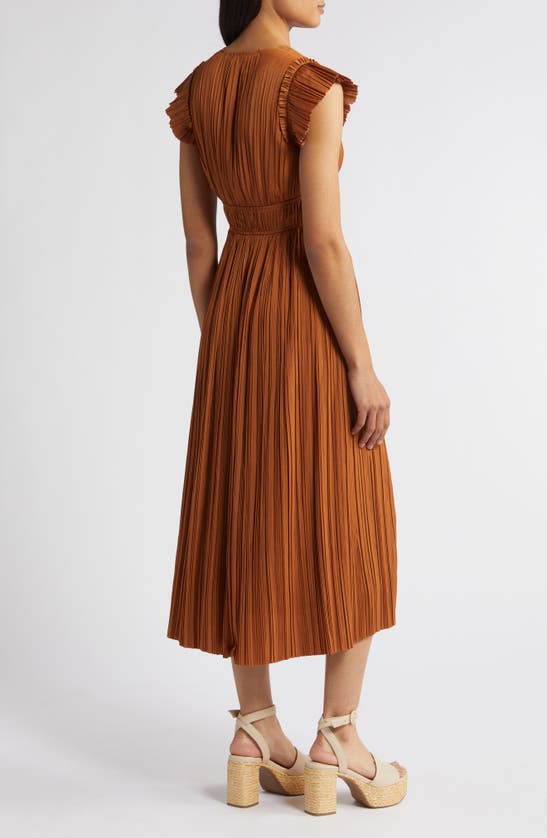 Shop Moon River Pleated Tie Waist Midi Dress In Copper