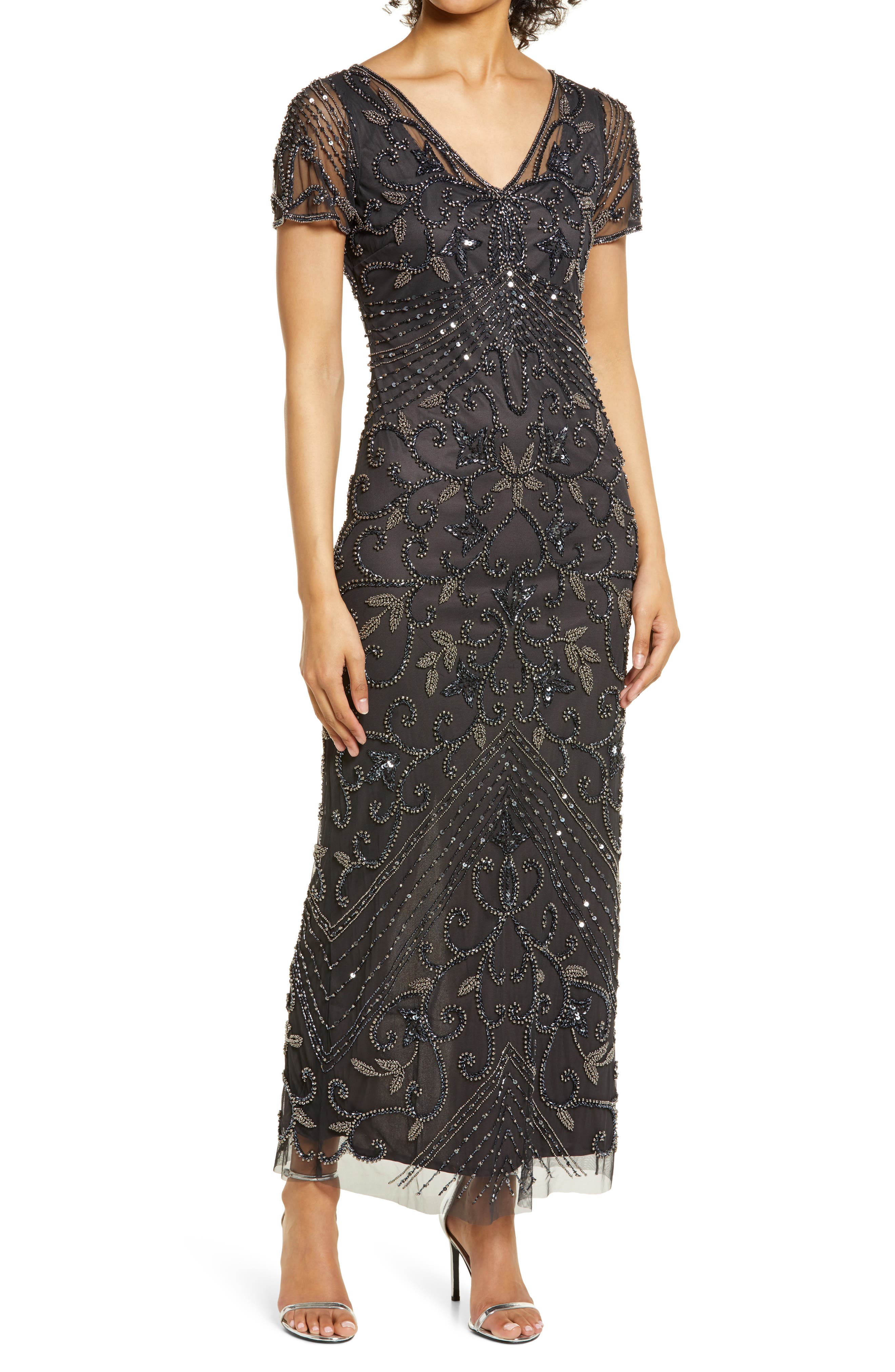 pisarro nights v neck beaded gown