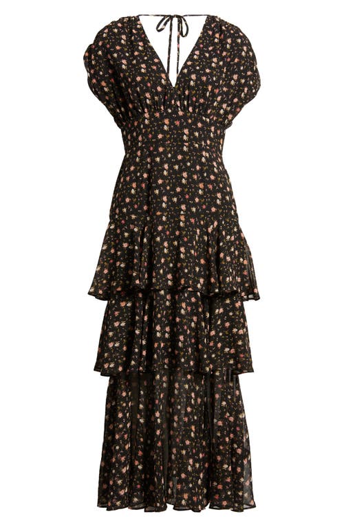 Shop Charles Henry Floral Print Tiered Chiffon Maxi Dress In Black Ditsy