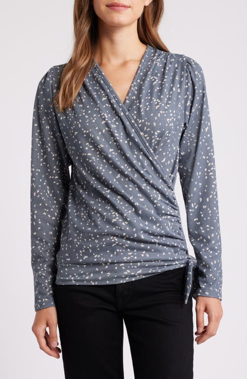 Loveappella Dot Print Faux Tie Wrap Top In Teal/ Nat