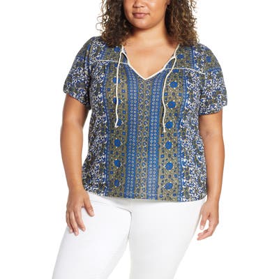 Plus Size Lucky Brand Print Peasant Top, Blue
