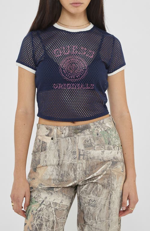 Guess Logo Ringer Mesh Graphic T-shirt In Uniform Blue Multi