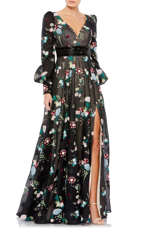 Floral Embroidered Long Sleeve Gown