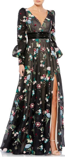 Embroidered long outlet sleeve gown