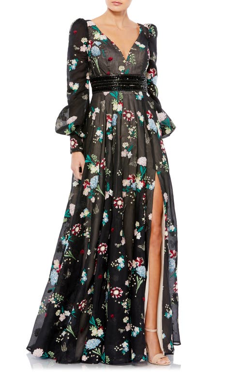 Mac Duggal Floral Embroidered Long Sleeve Gown Black Multi at Nordstrom,