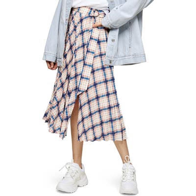 Topshop Plaid Pleated Midi Skirt, US - Blue