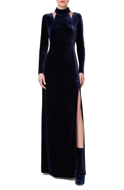Akris Cutout Detail Long Sleeve Stretch Velvet Gown in 079 Navy at Nordstrom, Size 8