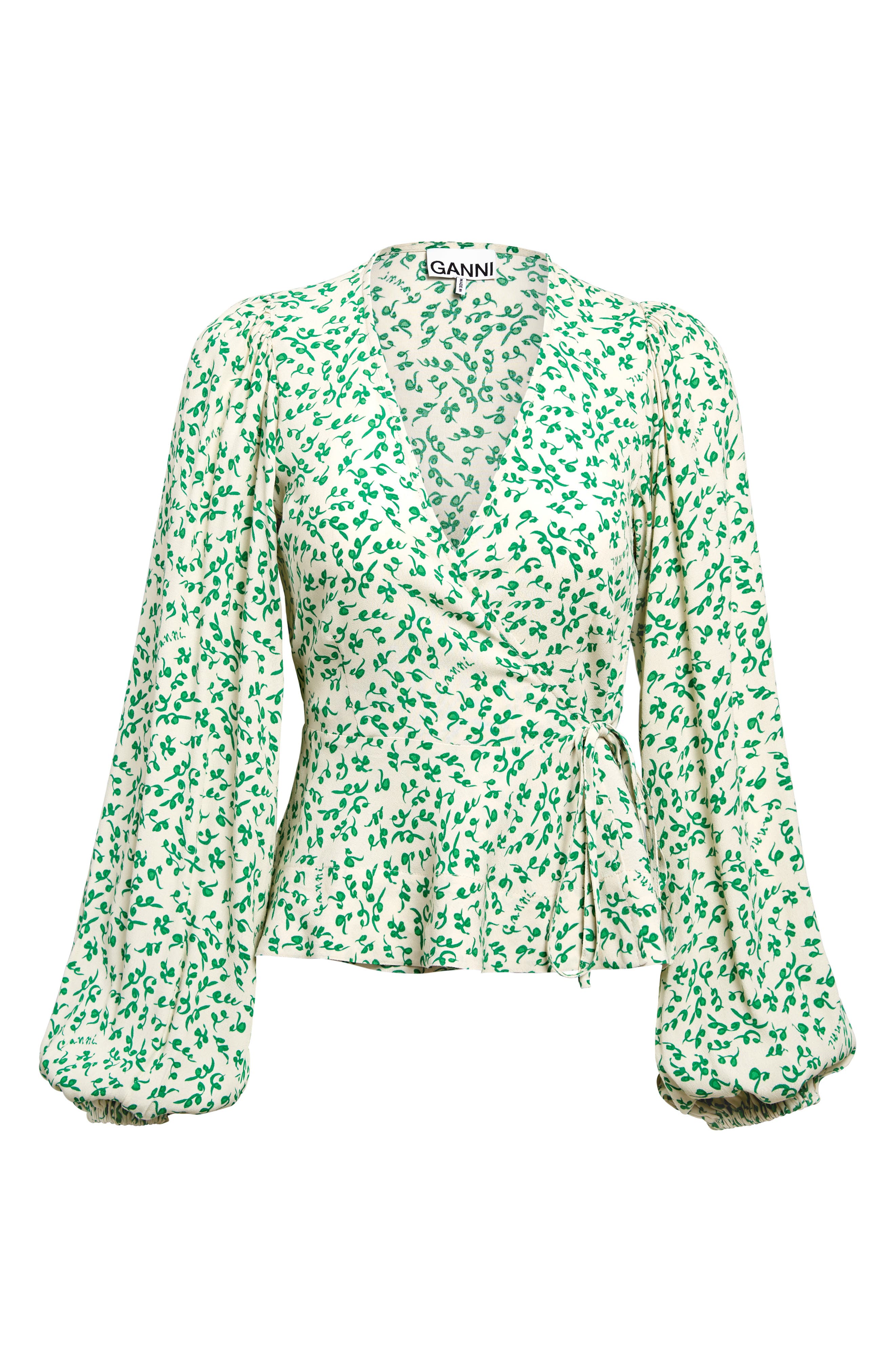 Ganni Leaf Print Crepe Wrap Blouse In 