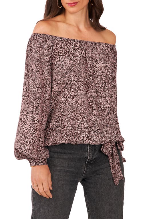Vince Camuto Animal Print Off the Shoulder Tie Hem Blouse in Rich Black at Nordstrom, Size X-Small