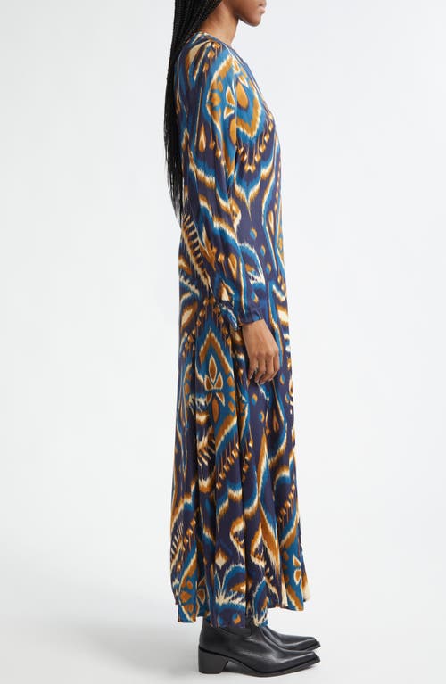 Shop Farm Rio Ikat Print Long Sleeve Satin Maxi Dress In Pineapple Ikat Blue