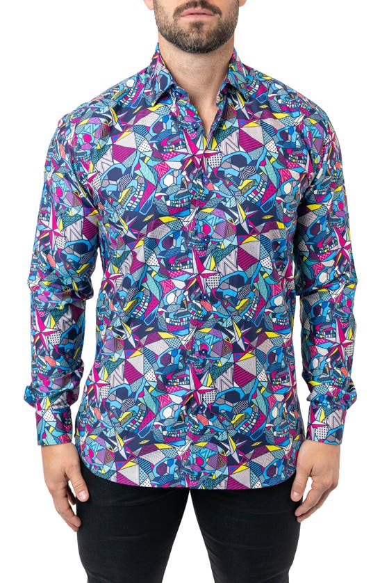 Shop Maceoo Fibonacci Abstract Skull Cotton Button-up Shirt In Blue