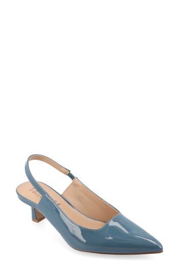 Journee Collection Women's Paulina Wide Width Kitten Heel Slingback Pumps In Patent,blue Faux Leather- Polyurethane