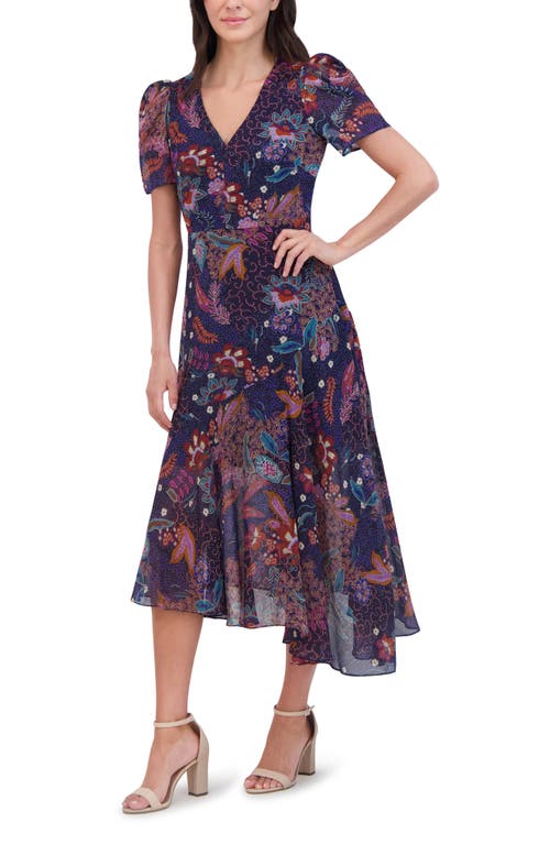 Shop Vince Camuto Floral Puff Sleeve Asymmetric Chiffon Dress In Navy Multi