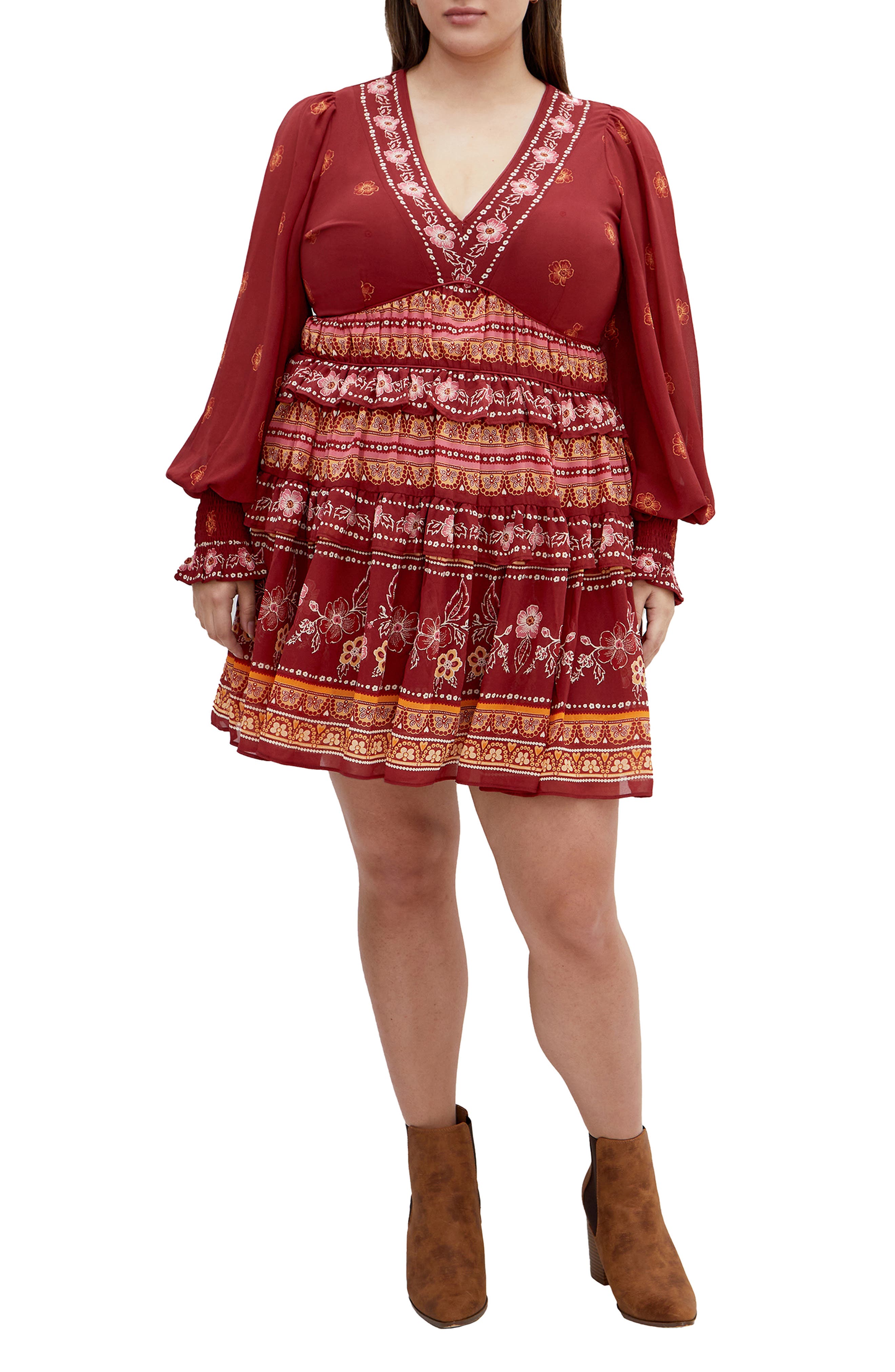 City Chic Hudson Long Sleeve Minidress in Rust Batik Border Cover