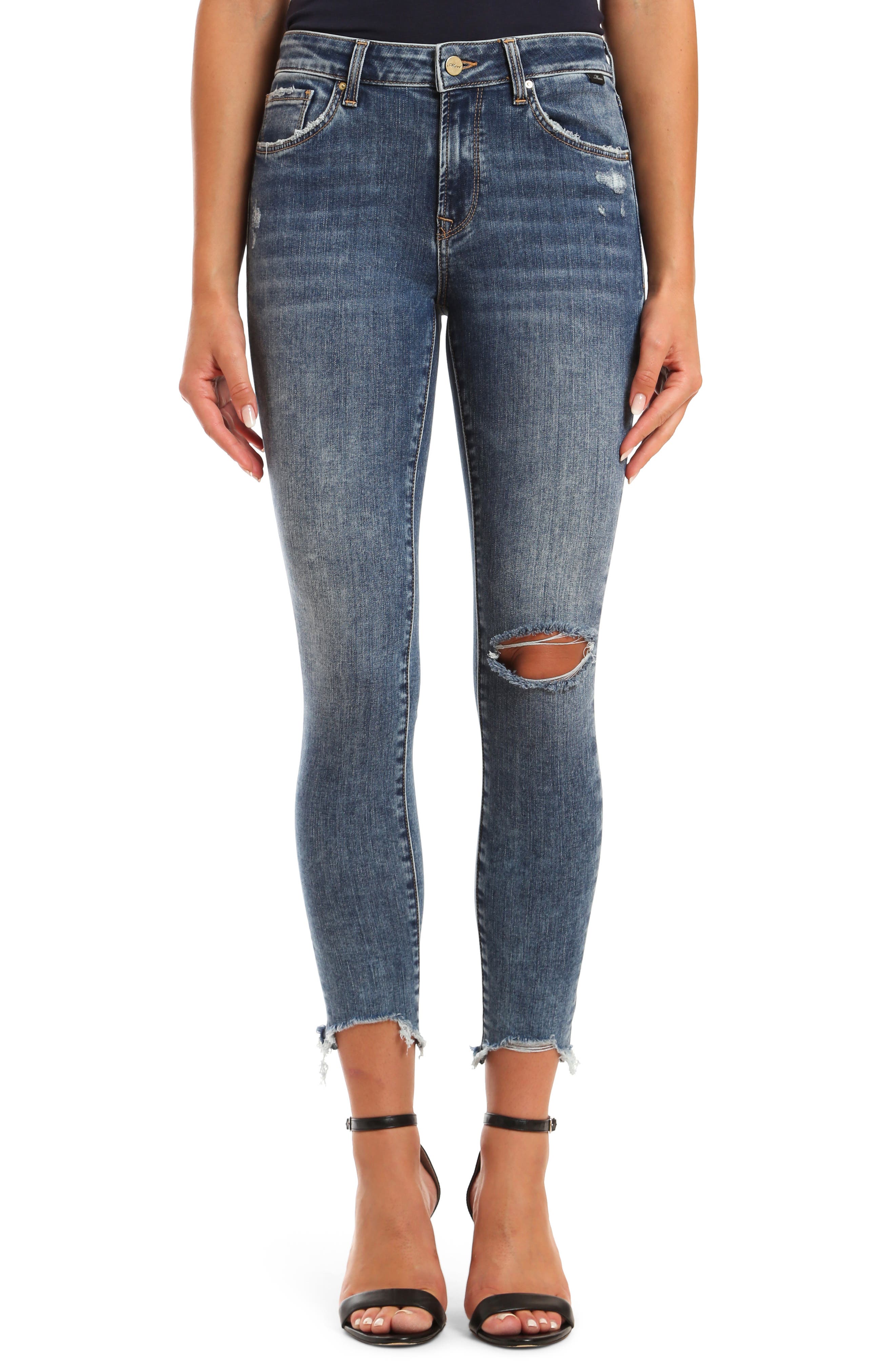 destroyed hem skinny jeans