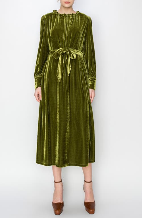 MELLODAY Belted Long Sleeve Velvet Midi Dress in Olive 