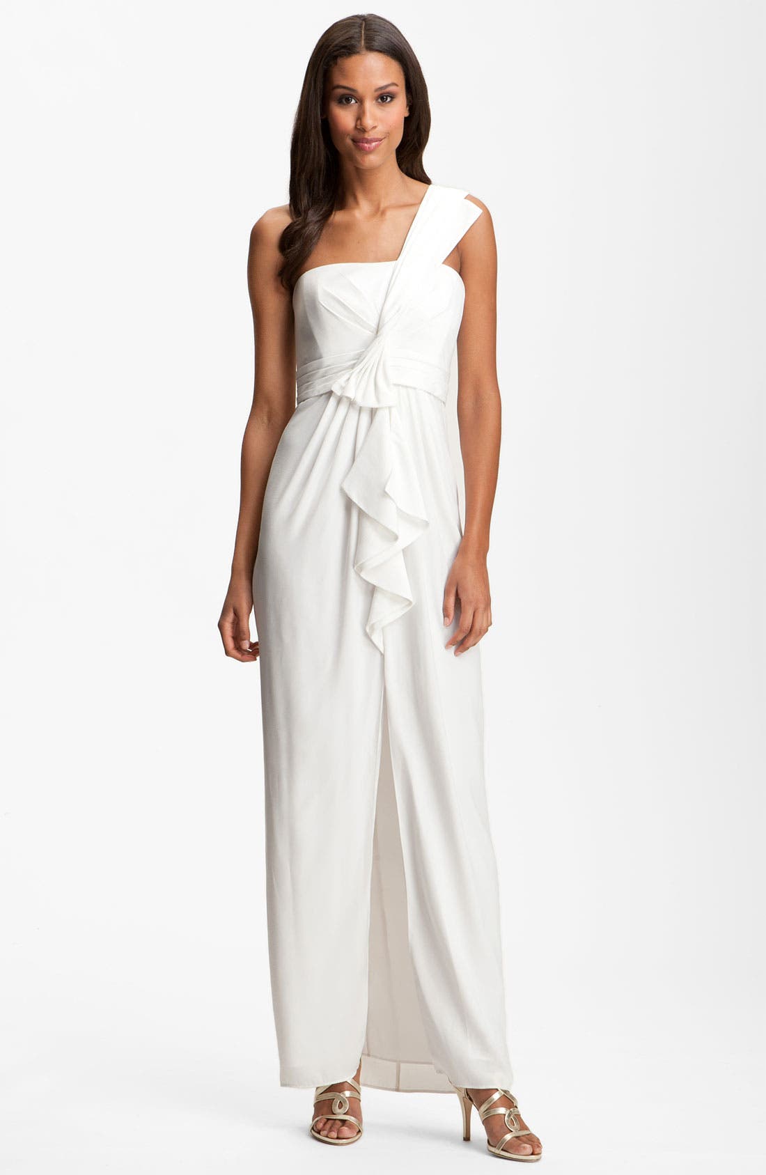 BCBGMAXAZRIA Ruffle Front One Shoulder Satin Gown | Nordstrom