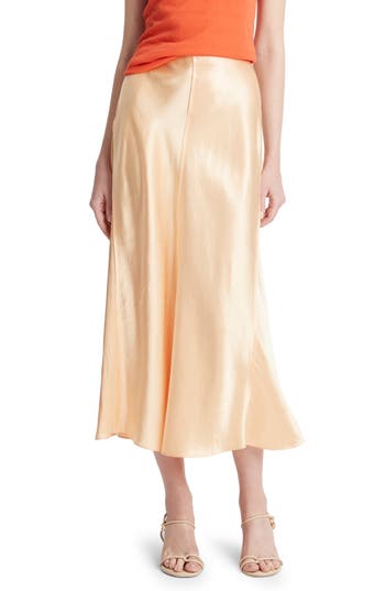 Vince Raw Edge Paneled Satin Slip Skirt In Cantaloupe