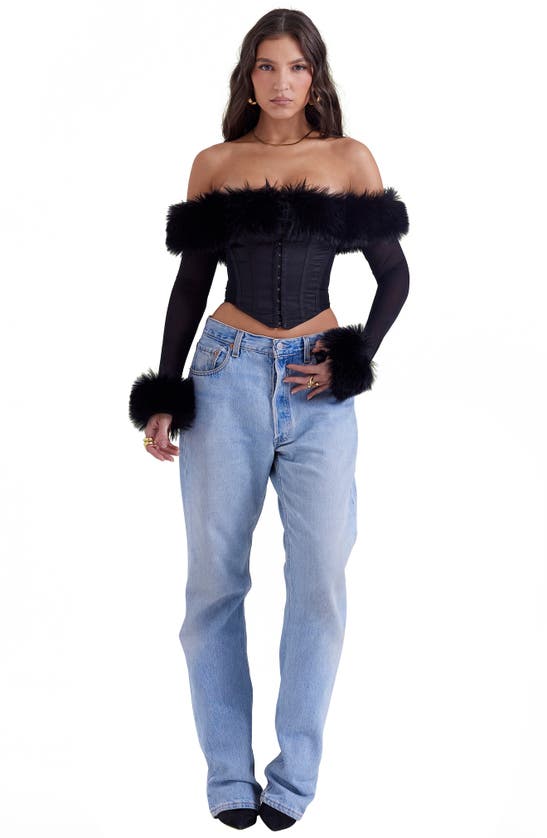 House Of Cb Merle Faux Fur Off The Shoulder Crop Corset In Black