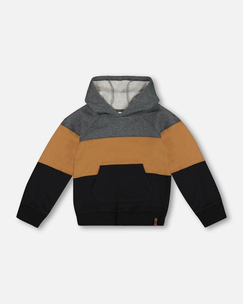 Shop Deux Par Deux Boy's Colorblock Hooded Fleece Sweatshirt Dark Gray, Caramel And Black In Anthracite