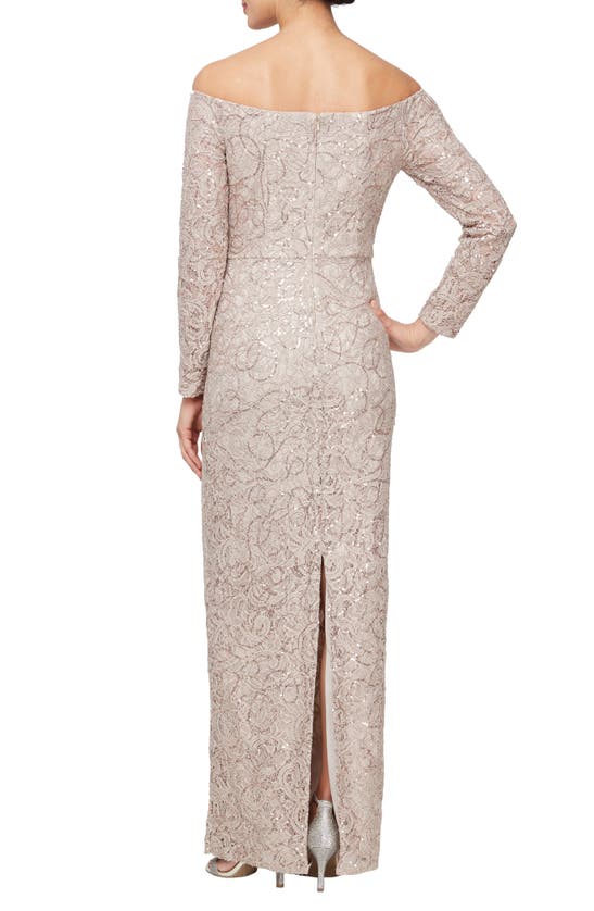 Shop Alex Evenings Floral Embroidered Sequin Off The Shoulder Long Sleeve Gown In Buff