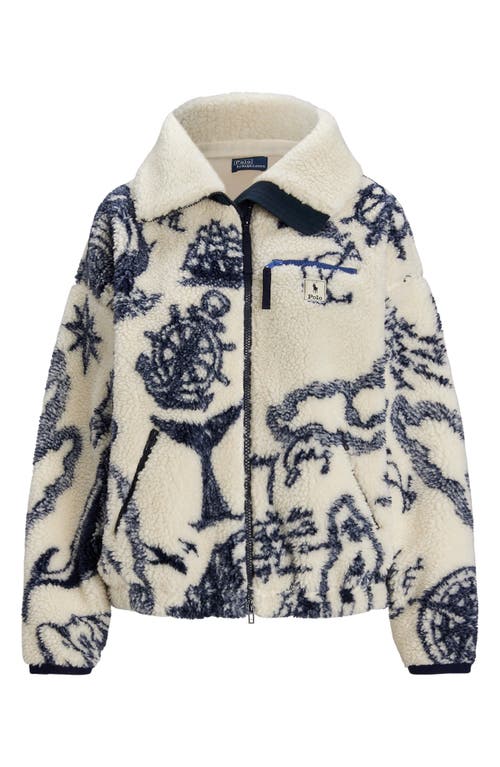 Shop Polo Ralph Lauren Nautical High Pile Fleece Jacquard Zip-up Jacket In Winter Cream