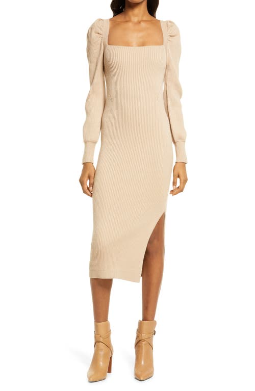 Charles Henry Square Neck Tie Back Puff Long Sleeve Sweater Dress in Sand