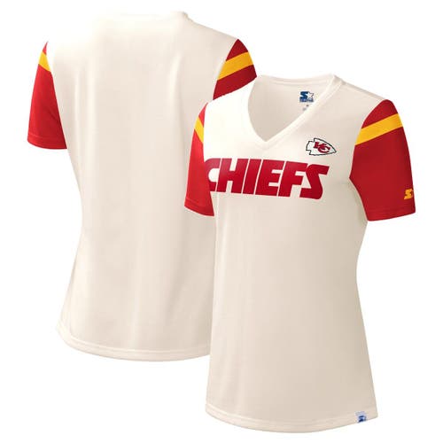 Women's Starter White Kansas City Chiefs Kick Start V-Neck T-Shirt in Cream