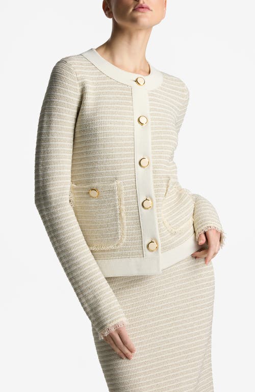 Stripe Metallic Tweed Crop Jacket in Ecru