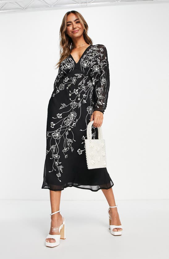 ASOS DESIGN FLORAL EMBROIDERED BATWING LONG SLEEVE DRESS
