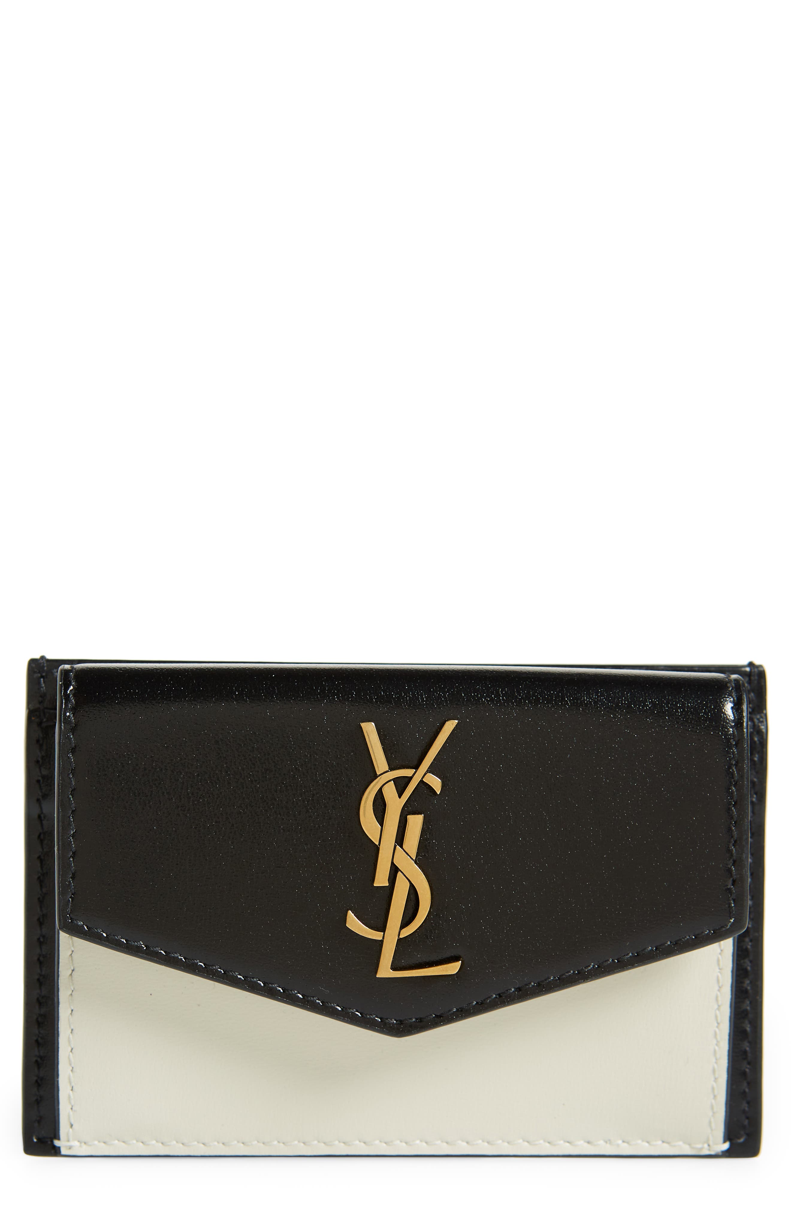 Saint Laurent Uptown Two-Tone Leather Flap Card Case in Nero/Crema Soft at Nordstrom