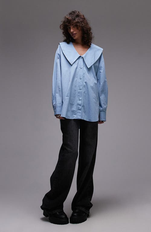 Shop Topshop Point Collar Cotton Poplin Button-up Shirt In Mid Blue