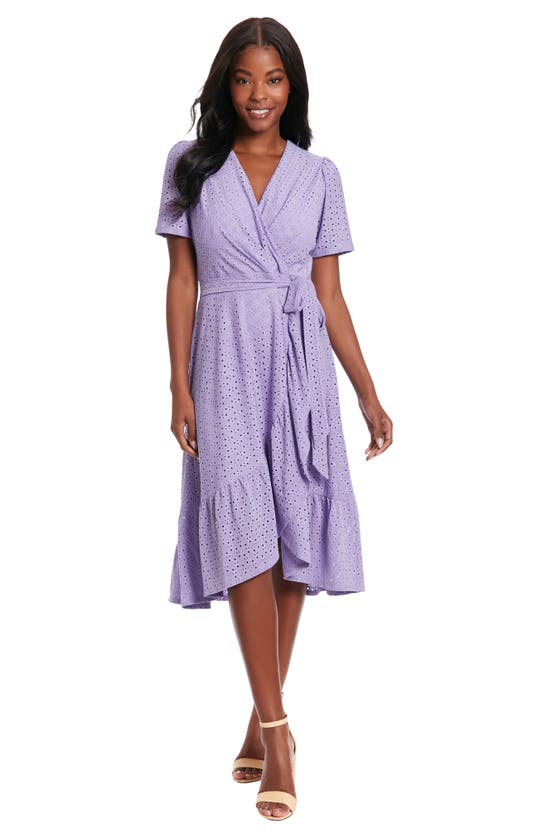 Shop London Times Stretch Eyelet Short Sleeve Ruffle Wrap Dress In Violet Tulip