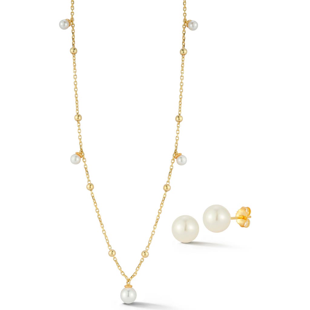 Glaze Jewelry 8mm Cultured Pearl Stud & 4–6.5mm Cultured Pearl Station Necklace Set In Gold
