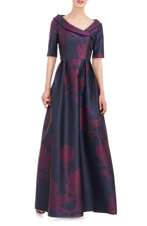 Kay Unger Coco Floral Print Gown In Carbon/boysenberry