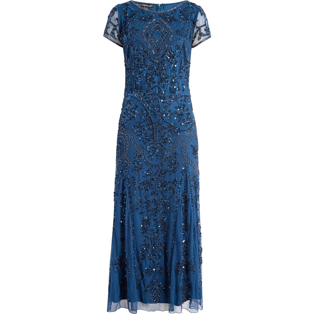 Pisarro Nights Beaded Mesh Midi Cocktail Dress In New Petrol Blue