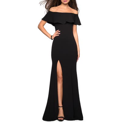 La Femme Foldover Off The Shoulder Trumpet Gown, Black
