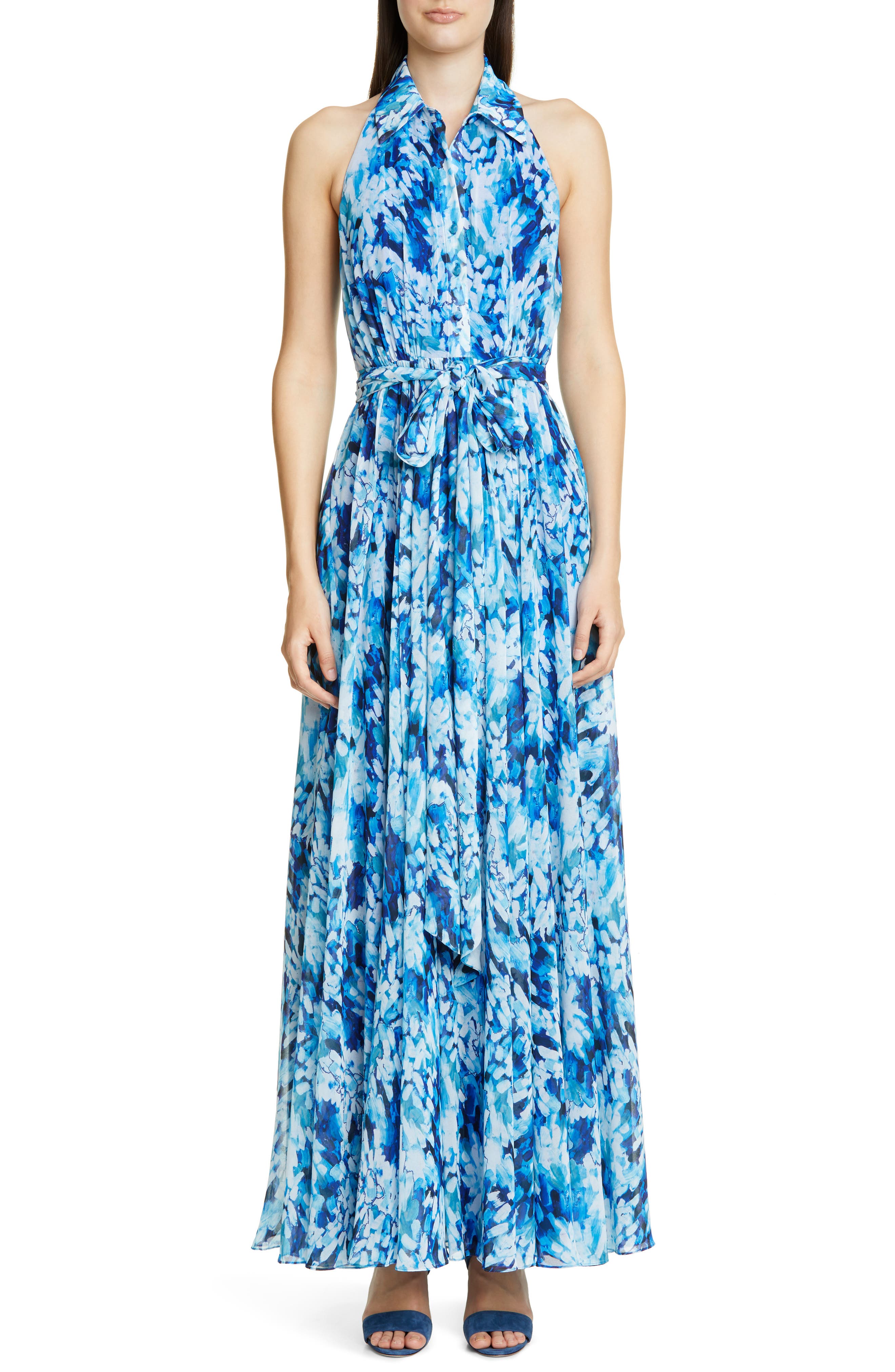 Badgley Mischka Collection Brushstroke Print Shirtdress Gown, White