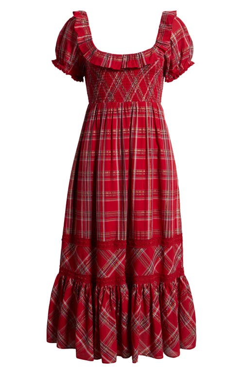 Shop Loveshackfancy Gerania Metallic Plaid Cotton Midi Dress In Cheery Red