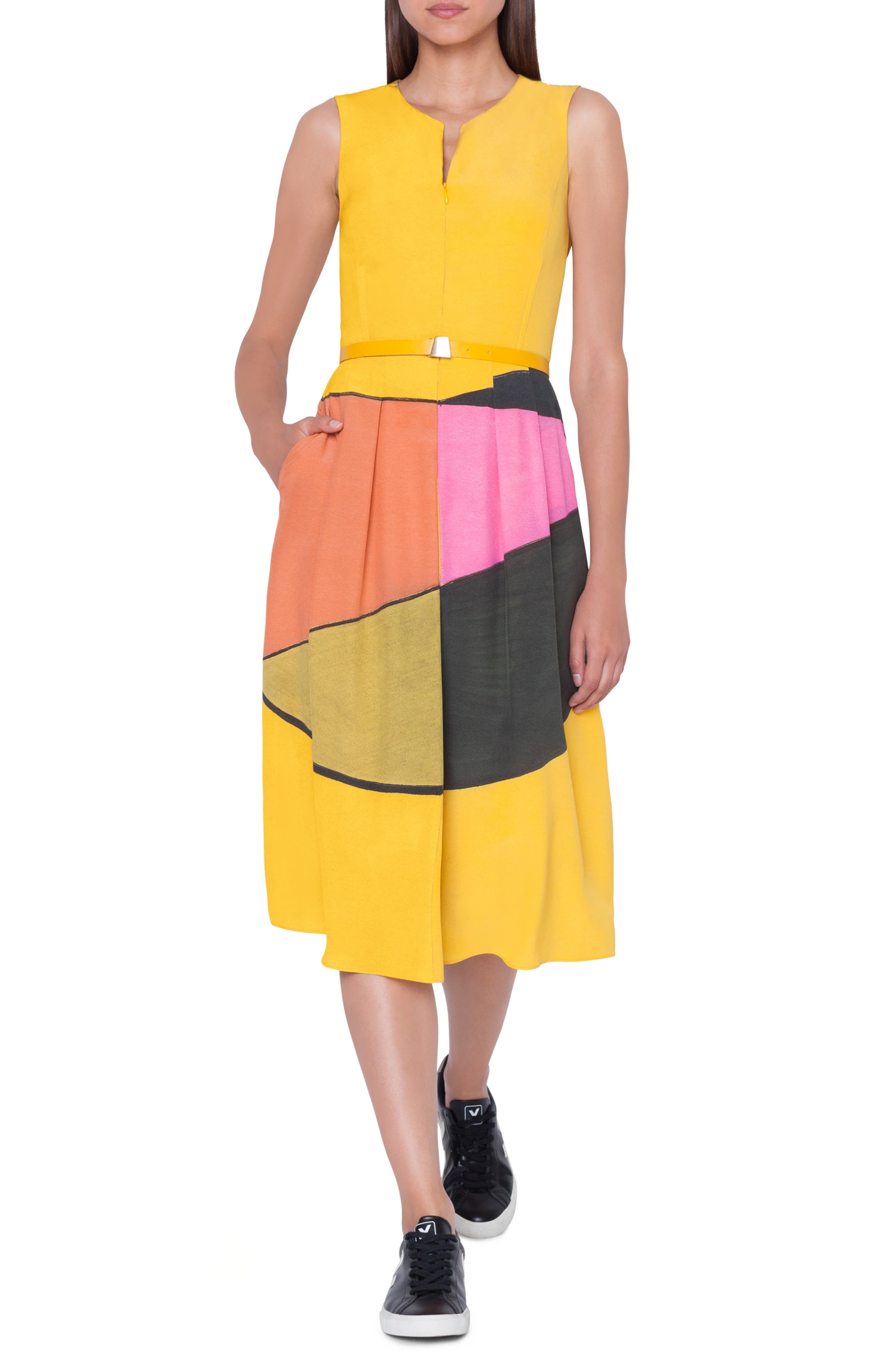 Akris Sunrise Print Belted Silk Dress, Yellow