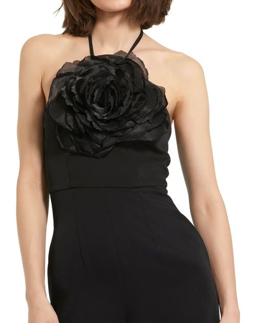 Mac Duggal Flower Embellished Crepe Halter Neck Jumpsuit In Black