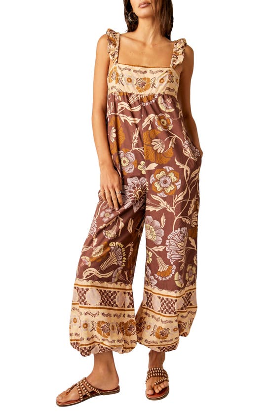 Shop Free People Bali Albright Floral Cotton Jumpsuit In Coffee Combo