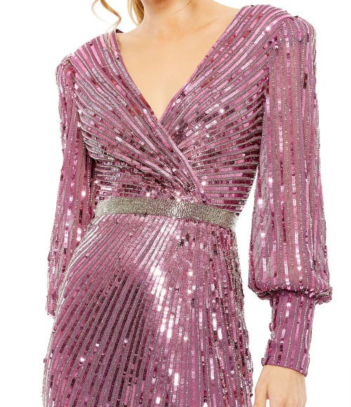 Mac Duggal Sequined Wrap Over Bishop Sleeve Gown In Raspberry
