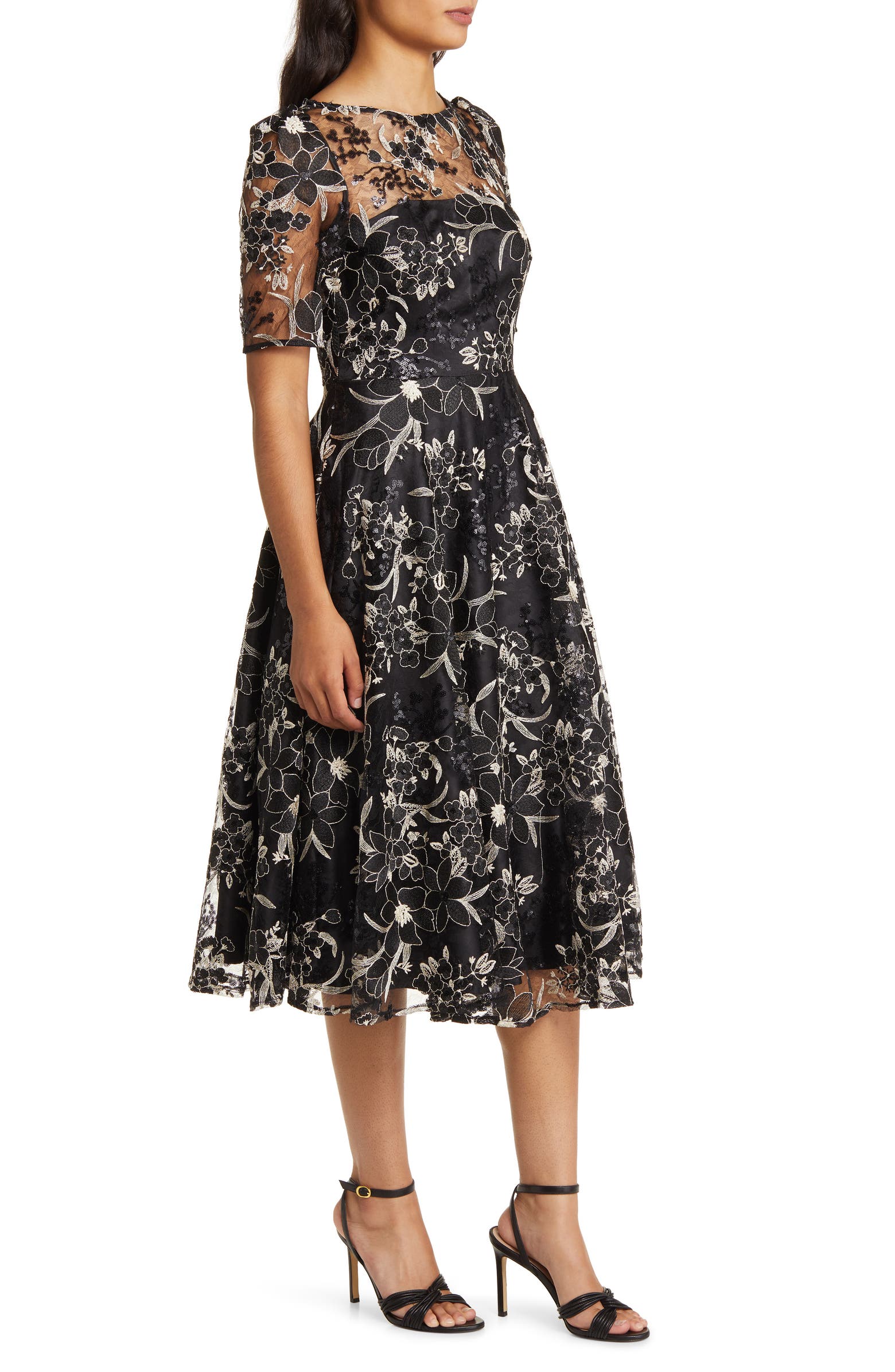 Eliza J Sequin Floral Embroidery Fit & Flare Cocktail Midi Dress ...