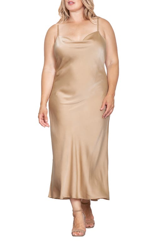 Standards & Practices Cowl Neck Satin Dress in Mocha Tan 