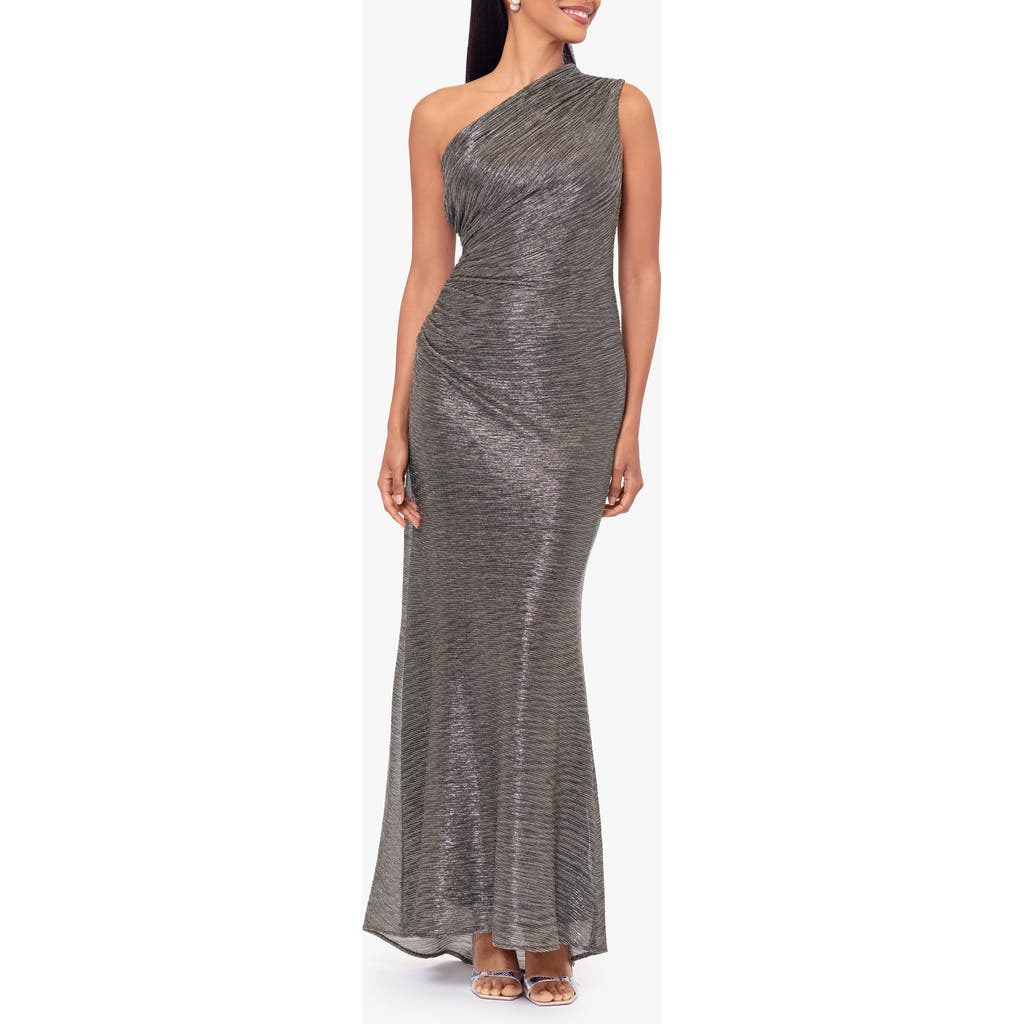 Betsy & Adam Metallic Crinkle One-shoulder Mermaid Gown In Black/gold/silver