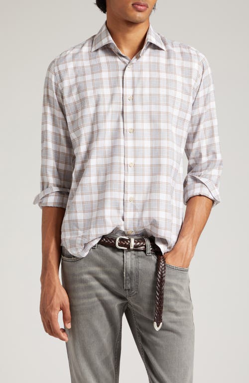 Eleventy Plaid Cotton Flannel Button-Up Shirt in Light Grey at Nordstrom, Size Small