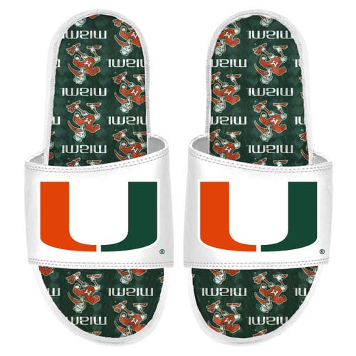 ISLIDE Miami Hurricanes Team Pattern Gel Slide Sandals in White