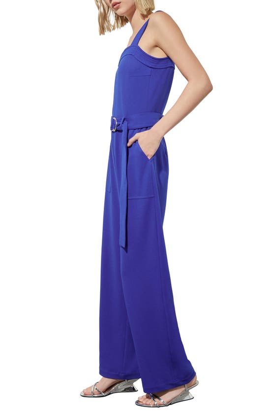 Shop Ming Wang Belted Crepe Jumpsuit In Sapphire Sea